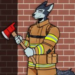 anthro black_nose blind_eye brick_wall chevron_(marking) clothed clothing eye_scar facial_scar female fire_axe firefighter fully_clothed fully_clothed_female holding_object holding_weapon looking_at_viewer markings prick_ears scar simple_background smile solo standing turnout_gear wall_(structure) weapon commanderthings wolffie529 sierra_(wolffie) canid canine canis mammal wolf 2022 absurd_res hi_res