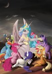 absurd_res apple_bloom_(mlp) applejack_(mlp) butt carrying_another cloud crescent_moon crown derpx1 derpy_hooves_(mlp) detailed_background earth_pony equid equine female feral fluttershy_(mlp) friendship_is_magic gesture granny_smith_(mlp) group hasbro headgear hi_res hill horn horse inspired_by_formal_art jewelry looking_at_another lying male mammal minuette_(mlp) moon mrs._cake_(mlp) my_little_pony mythological_creature mythological_equine mythology night on_back on_side outside overcast parasprite_(mlp) pegasus pinkie_pie_(mlp) pony princess_celestia_(mlp) rainbow_dash_(mlp) rarity_(mlp) scootaloo_(mlp) sitting size_difference sky slightly_chubby spike_(mlp) sweetie_belle_(mlp) tiara tongue tongue_out twilight_sparkle_(mlp) unicorn winged_unicorn wings worship