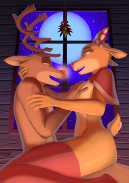 anthro bow_(feature) breasts christmas_clothing clothing duo female glowing glowing_nose hand_on_breast holidays legwear male male/female mistletoe moon nude plant sex stockings window nyx_whiskers christmas clarice_(rudolph_the_red-nosed_reindeer) rudolph_the_red-nosed_reindeer deer mammal new_world_deer reindeer 2025 absurd_res hi_res