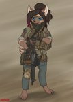 4_toes 5_fingers anthro assault_rifle barefoot claws clothing digitigrade eyewear feet female fingers goggles gun kerchief pawpads ranged_weapon rifle sg_551 shemagh simple_background solo toes weapon orang111 hyena mammal hi_res