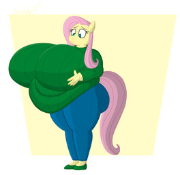 5_fingers anthro belly big_belly big_breasts big_butt bottomwear breasts butt clothed clothing female fingers footwear fur green_eyes hand_on_breast huge_breasts nervous obese obese_anthro obese_female overweight overweight_anthro overweight_female pants shirt shoes solo standing tail topwear yellow_body yellow_fur doublef-returns friendship_is_magic hasbro my_little_pony fluttershy_(mlp) equid equine horse mammal pony hi_res shaded