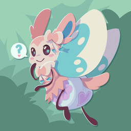 ambiguous_gender anthro big_diaper blue_inner_ear blush blush_stickers bow_(anatomy) brown_body brown_sclera clean_diaper clothed clothing diaper diaper_only featureless_feet featureless_hands feet flying fur glistening glistening_eyes hand_on_chin heart_clothing heart_diaper heart_symbol heart_underwear insect_wings lepidopteran_wings looking_at_viewer looking_back looking_back_at_viewer outside pink_body pink_fur pink_tail plant question_mark simple_background smile solo speech_bubble tail topless underwear wearing_diaper white_body white_fur wings bubblepuppers nintendo pokemon kate_the_sylvombee eeveelution generation_6_pokemon generation_7_pokemon hybrid hybrid_pokemon pokemon_(species) ribombee sylveon hi_res