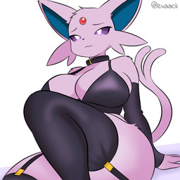anthro anthrofied armwear big_breasts bra breasts cleavage clothed clothing collar female fur garter_straps huge_breasts legwear looking_at_viewer pokemorph purple_body purple_fur purple_sclera simple_background solo tail thigh_highs underwear white_background white_eyes evaacii nintendo pokemon eeveelution espeon generation_2_pokemon pokemon_(species) 1:1 2025 digital_media_(artwork) hi_res