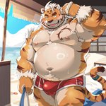 anthro beach belly big_belly blush bulge clothing cloud detailed_background kemono male moobs musclegut muscular navel nipples outside overweight overweight_male solo swimwear water tulrang lifewonders tokyo_afterschool_summoners hombre_tigre_(tas) felid mammal pantherine tiger 1:1 2024 absurd_res hi_res