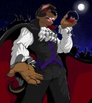 anthro bulge cape claws clothing container cup drinking_glass fangs fingers full_moon glass glass_container glass_cup glowing glowing_eyes male moon night offering_hand open_mouth reaching_towards_viewer red_eyes sharp_fangs sky smile solo star starry_sky teeth tongue uvula wine_glass pandottermon bat canid canine canis domestic_dog leaf-nosed_bat mammal microbat vampire vampire_bat yangochiropteran digital_media_(artwork)