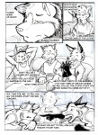 anthro canid canine canis comic domestic_dog english_text excited female fox furniture greyscale group husky ian_(leomagna) leomagna male mammal monochrome nordic_sled_dog pen_(artwork) sitting spitz table text traditional_media_(artwork)