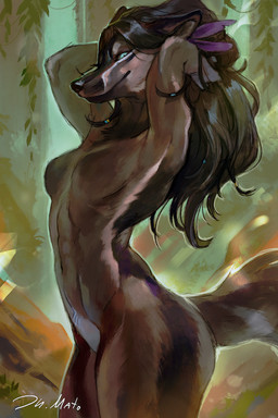 abs anthro biped black_hair blue_eyes breasts featureless_breasts female fur grey_body grey_fur grey_tail hair looking_at_viewer navel nude nude_anthro nude_female outside small_breasts smile solo standing tail thick_thighs juliathedragoncat canid canine canis mammal wolf 2025 2:3 absurd_res digital_drawing_(artwork) digital_media_(artwork) hi_res