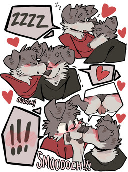 anthro black_clothing black_eyes black_shirt black_text black_topwear blush blush_lines cheek_tuft circle_eyebrows closed_smile clothing cuddling duo exclamation_point eyebrows eyes_closed facial_tuft floppy_ears fur grey_body grey_fur grey_nose head_tuft heart_reaction heart_symbol holding_face kissing licking_tongue lying_on_another male male/male mouth_closed nose_to_nose open_mouth pawpads pink_text red_clothing red_shirt red_topwear shirt simple_background sleeping smile sound_effects speech_bubble text tongue topwear tuft vowelless vowelless_sound_effect white_background zzz mintcashew canid canine canis domestic_dog mammal 2025 absurd_res hi_res