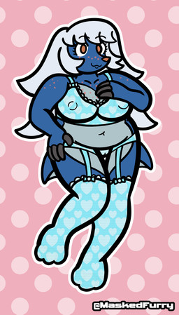 anthro anthrofied blue_body breasts camel_toe clothing dotted_background female freckles hair heart_pattern lingerie long_hair navel nipple_outline orange_eyes overweight overweight_anthro overweight_female pattern_background pokemorph shell-less simple_background solo white_hair maskedfurry nintendo pokemon generation_5_pokemon pokemon_(species) samurott absurd_res hi_res