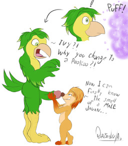 after_transformation anthro avian_feet duo erection female genitals humanoid_genitalia humanoid_penis male male/female penis plant simple_background size_difference text daison_the_fox swapped_(movie) ivy_(swapped) ollie_(swapped) avian elemental_creature flora_fauna javan_(species) pookoo absurd_res english_text hi_res