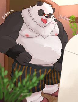 anthro belly black_body black_fur boxer_briefs boxer_briefs_only clothed clothing detailed_background eyewear footwear fur glasses inside kemono male moobs open_mouth overweight overweight_male plant shoes slippers solo tired tongue tongue_out topless underwear underwear_only urinal white_body white_fur yawn dagehot mihoyo zenless_zone_zero pan_yinhu bear giant_panda mammal thiren 2025 absurd_res hi_res