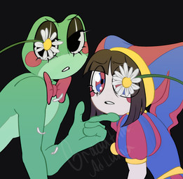 anthro blush bow_tie brown_hair clothing countershade_face countershade_torso countershading daisy_(flower) duo female flower fool's_hat glistening glistening_eyelids glistening_eyes green_body hair hat headgear headwear jester_outfit multicolored_eyes plant puffy_sleeves teeth_showing white_body white_skin gradatimadluna glitch_productions the_amazing_digital_circus pomni_(tadc) ribbit_(tadc) amphibian frog human mammal hi_res