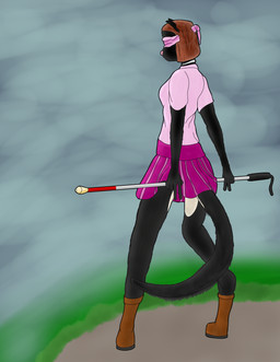 anthro black_body black_fur blind blindfold blouse boots bottomwear breasts brown_hair cane choker clothed clothing disability female footwear fur hair jewelry leather leather_boots leather_clothing leather_footwear necklace shoes skirt slim small_breasts solo tail tail_under_skirt topwear sufficient_gravitas rebecca_(gravitas) domestic_cat felid feline felis mammal absurd_res hi_res