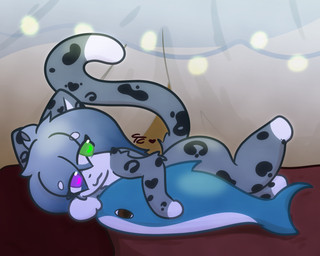 :3 anthro arm_tuft bed bedding bedroom countershading curtains elbow_tuft eye_through_hair female fur fur_markings furniture gloves_(marking) gradient_hair green_eyes grey_body grey_fur hair happy heart_(marking) heart_eyes heart_symbol heterochromia lying lying_on_bed markings on_bed on_side purple_eyes shoulder_tuft solo string_lights tail translucent translucent_hair tuft white_body white_fur caramelthegoat ikea aya_(caramelthegoat) blahaj felid mammal pantherine snow_leopard 5:4 absurd_res hi_res