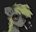 blood blood_on_eye blood_on_face bodily_fluids bubble cigarette cigarette_in_mouth female grey_background object_in_mouth simple_background solo axeill friendship_is_magic hasbro my_little_pony derpy_hooves_(mlp) equid equine horse mammal pony hi_res