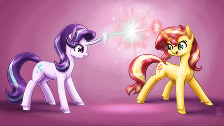 beam blonde_highlights blue_eyes bodily_fluids cutie_mark duo female feral fetlocks fur hair highlights_(coloring) hooves horn magic magic_duel magic_horn magic_user open_mouth open_smile pink_body pink_fur purple_eyes purple_hair quadruped red_hair smile sparkles sweat tail teal_highlights yellow_body yellow_fur king-kakapo equestria_girls friendship_is_magic hasbro my_little_pony mythology starlight_glimmer_(mlp) sunset_shimmer_(eg) equid equine mammal mythological_creature mythological_equine unicorn 16:9 2021 hi_res widescreen