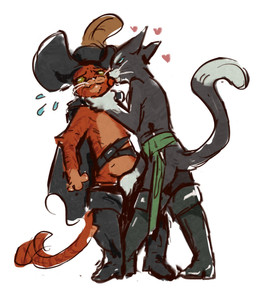 anthro belt black_body black_fur blade blue_eyes blush bodily_fluids boots cape clothing dagger dominant dominant_female duo face_lick female flustered footwear fur green_eyes grope hand_between_legs hat headgear headwear heart_symbol knife licking licking_another licking_partner male male/female melee_weapon multicolored_body multicolored_fur narrowed_eyes neck_grab nervous nervous_sweat orange_body orange_fur raised_tail sash shoes shy simple_background standing submissive submissive_male sweat sweatdrop tail tail_motion tailwag tongue tongue_out weapon whiskers white_background radomartist dreamworks puss_in_boots_(franchise) kitty_softpaws puss_in_boots_(dreamworks) domestic_cat felid feline felis mackerel_tabby mammal tabby_cat tuxedo_cat hi_res