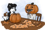 anthro black_body black_fur black_nose blep chair duo food for_a_head fruit fur furniture hair holding_object holidays jack-o'-lantern knife male male/male plant pumpkin pumpkin_head pumpkin_seeds simple_background sitting skeptical table tail tongue tongue_out wearing_pumpkin white_background white_body white_fur steamthief halloween danny_xander glennus border_collie bovid canid canine canis caprine collie domestic_dog goat herding_dog mammal object_head pastoral_dog sheepdog digital_media_(artwork) hi_res