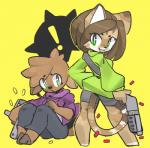 anthro breasts clothed clothing duo exclamation_point female fully_clothed fur gun hair hoodie hooves looking_at_viewer ranged_weapon simple_background smile standing topwear weapon murninatair helia_peppercats rina_von_dan deer domestic_cat felid feline felis mammal 2018 digital_media_(artwork) hi_res