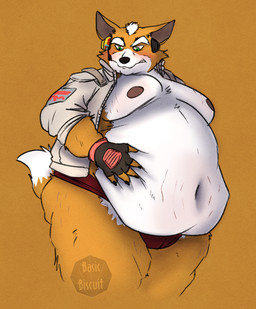 anthro belly belly_overhang big_belly blush briefs clothing dipstick_tail fingerless_gloves fur gloves green_eyes hair hand_on_belly handwear headgear headset_microphone huge_belly jacket male markings moobs navel nipples obese obese_male orange_background orange_body orange_fur overweight overweight_male pilot_jacket simple_background solo stretch_marks tail tail_markings thick_thighs topwear underwear white_body white_fur white_hair basicbiscuit nintendo star_fox fox_mccloud canid canine fox mammal 2026 hi_res watermark