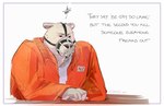 anthro clothing fur grey_body grey_fur humor jacket male muzzle_(object) muzzled orange_clothing orange_jacket orange_topwear prison_uniform solo stated_homosexuality stated_sexuality text topwear wire_basket_muzzle jmbad_art beastars riz_(beastars) bear brown_bear mammal ursine 2021 english_text hi_res