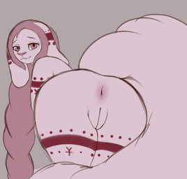 anthro anus bent_over big_tail butt closed_smile eyelashes female floppy_ears genitals grey_background hair humanoid_genitalia humanoid_vulva light_body light_ears light_pussy long_hair looking_at_viewer looking_back looking_back_at_viewer monotone_anus monotone_genitals mouth_closed nude pink_anus pink_body pink_ears pink_eyes pink_nose pink_vulva plump_labia presenting presenting_anus presenting_vulva rear_view simple_background slight_smile smile solo standing tail unsigned vulva isyld hi_res