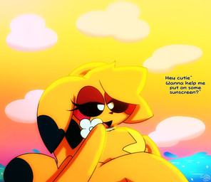 anthro anthrofied big_breasts black_sclera breasts collar dialogue eyeshadow female light looking_at_viewer makeup open_mouth pasties pokemorph pseudo_hair red_eyeshadow side_boob side_view sitting smile solo sunlight tail text thick_thighs water white_eyes wide_hips yellow_body crystalstic nintendo pokemon aurora_(crystalstic) generation_1_pokemon pikachu pokemon_(species) 2026 digital_media_(artwork) english_text