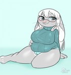 anthro belly big_belly big_breasts big_butt blue_clothing blue_eyes blue_panties blue_underwear blush breasts butt camel_toe clothing eyewear female fur glasses grey_body grey_fur hair long_hair mature_female mute panties sitting slightly_chubby solo sweater thick_thighs topwear underwear white_body white_fur white_hair psakorn_tnoi alexis_watterson_(rubythepinkdragon) lagomorph leporid mammal rabbit digital_media_(artwork) hi_res shaded