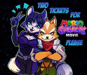 anthro belt blue_eyes bodysuit breasts canon_couple circlet clothing crossed_arms duo emanata eyebrows eyelashes female gesture gloves green_eyes hand_gesture handwear inner_ear_fluff looking_at_viewer male open_mouth skinsuit smile text tight_clothing tuft v_sign arsworlds nintendo star_fox fox_mccloud krystal_(star_fox) canid canine fox mammal 2026 english_text hi_res