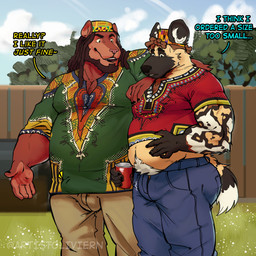 african_clothing anthro anthro_on_anthro barazoku beard belly belly_grab belly_overhang big_belly big_bulge big_muscles black_coded body_hair bottomwear bulge claws clothed clothing cloud container cup day denim denim_bottomwear denim_clothing dialogue dreadlocks duo emanata eyebrows facial_hair fence fur grass hair happy_trail hat headgear headwear holding_container holding_cup holding_object holidays inner_ear_fluff jeans long_hair looking_at_another male male/male musclegut muscular muscular_anthro muscular_male nails outside pants plant pubes red_solo_cup shirt sky smile standing talking_to_another text thick_arms thick_thighs tight_clothing topwear tree tuft tunic zipper littleoliviern juneteenth darius_davis jabari_king african_wild_dog canid canine herpestid mammal mongoose 1:1 2026 absurd_res artist_name english_text hi_res