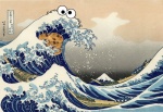 black_eyes boat candy chocolate cookie dessert food group humor japanese looking_at_viewer male mount_fuji mountain outside sea sky snow text vehicle water watercraft wave katsushika_hokusai unknown_artist pbs sesame_street the_great_wave_off_kanagawa cookie_monster human mammal monster crossover grandfathered_content inspired_by_formal_art japanese_text