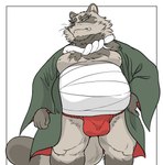 anthro asian_clothing belly big_belly brown_body bulge clothing east_asian_clothing fundoshi japanese_clothing kemono male moobs overweight overweight_male red_clothing red_fundoshi red_underwear solo underwear hysk canid canine mammal raccoon_dog tanuki 2023 hi_res