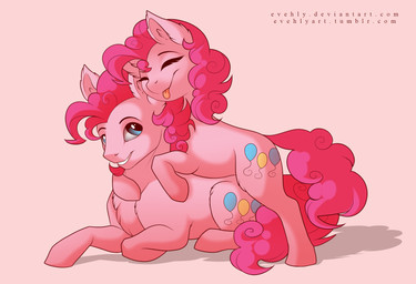 blue_eyes crossgender cutie_mark duo eyes_closed female feral fur hair hooves hug lying male note pink_body pink_fur pink_hair simple_background smile square_crossover standing tongue tongue_out evehly friendship_is_magic hasbro my_little_pony pinkie_pie_(mlp) earth_pony equid equine horse mammal pony digital_media_(artwork) hi_res