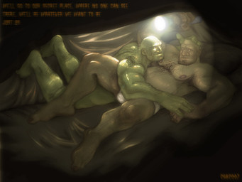 arm_hair armpit_hair bed belly body_hair bulge chest_hair clothing cuddling duo forearm_hair forearms furniture green_body male male/male not_furry overweight shoulder_hair slightly_chubby tusks underwear captaingerbear humanoid orc 2007 4:3 digital_media_(artwork) wallpaper