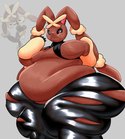 anthro belly big_belly big_butt black_bottomwear black_clothing black_eyebrows black_pants black_sclera bottomwear brown_body brown_ears butt chubby_cheeks clothing eyebrows grey_background hand_on_hip hand_on_own_hip huge_belly huge_butt huge_thighs hyper hyper_butt hyper_thighs looking_at_viewer male moobs obese obese_anthro obese_male overweight overweight_anthro overweight_male pants pink_eyes pink_inner_ear pink_nose simple_background smile smiling_at_viewer solo thick_thighs three-quarter_view tight_clothing torn_bottomwear torn_clothing torn_pants tdookus nintendo pokemon generation_4_pokemon generation_6_pokemon lagomorph leporid mammal mega_evolution mega_lopunny pokemon_(species) rabbit 2026 colored digital_media_(artwork) hi_res portrait reference_image shaded three-quarter_portrait