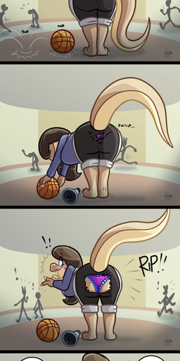 anthro athletic_wear basketball bent_over big_breasts big_butt black_silhouette bottomwear breasts brown_hair butt claws clothing dialogue dinosaur_tail embarrassed female first_person_view green_eyes gym_uniform hair long_hair looking_at_viewer multicolored_body p.e._teacher panties pants rear_view sharp_teeth silhouette tail teeth text torn_bottomwear torn_clothing torn_pants two_tone_body underwear uniform wide_hips jamearts diana_(jamearts) dinosaur prehistoric_species reptile saurischian scalie theropod tyrannosaurid tyrannosauroid tyrannosaurus tyrannosaurus_rex absurd_res comic english_text hi_res long_image tall_image