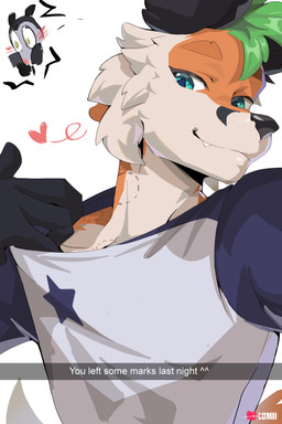 anthro bite_mark blush duo male selfie text lumii i_think_i_like_you jax_(i_think_i_like_you) zeb_(i_think_i_like_you) american_opossum canid canine fox mammal marsupial red_fox true_fox absurd_res english_text hi_res