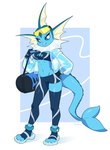 2024 4_toes 5_fingers anthro bag blue_body blue_sclera blue_tail bottomwear breasts clothed clothed_anthro clothed_female clothing digital_media_(artwork) eeveelution feet female fingers footwear front_view fully_clothed fully_clothed_anthro fully_clothed_female generation_1_pokemon hand_on_hip hand_on_own_hip hi_res looking_at_viewer navel nintendo open_mouth panties pants pokemon pokemon_(species) shoes simple_background skykain solo standing tail teeth toes tongue topwear underwear vaporeon