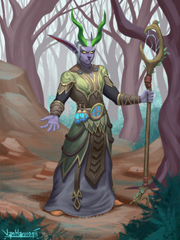 clothing holding_object holding_staff horn humanoid_pointy_ears looking_at_viewer magic_user male not_furry outside plant pointy_ears potion purple_body robe solo staff standing tree yellow_eyes vanharmontt blizzard_entertainment warcraft elf humanoid night_elf 2021 absurd_res digital_media_(artwork) hi_res