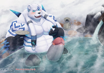 anthro cock_transformation genitals hot_spring male moob_grab moobs muscular nipples onsen penis solo transformation water primodrago league_of_legends riot_games tencent volibear bear mammal hi_res