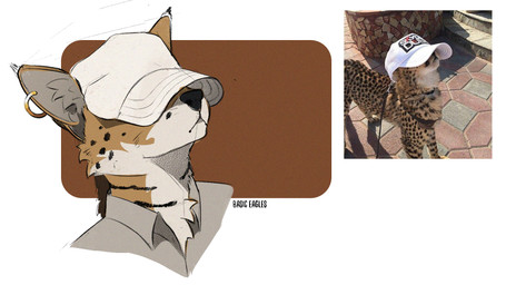 anthro brown_hair clothing ears_up eyes_closed feral fur hair hat headgear headwear male orange_body orange_fur shirt silly solo topwear white_clothing white_shirt white_topwear basic_eagles_(artist) felid feline mammal serval 16:9 hi_res portrait reference_image widescreen