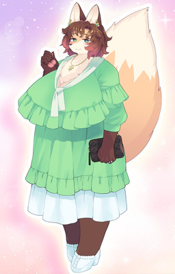 abstract_background anthro big_breasts big_tail biped breasts brown_body brown_fur brown_hair clothed clothing countershading dipstick_tail dress ear_piercing ear_ring female fur green_eyes hair huge_breasts jewelry leg_markings looking_at_viewer markings multicolored_hair necklace orange_body orange_fur overweight overweight_anthro overweight_female pawpads piercing pink_background ring_piercing simple_background socks_(marking) solo tablet tail tail_markings white_body white_countershading white_fur dangan two_beasts_or_not_to_beast madoka_tagokoro canid canine fox mammal red_fox true_fox official_art