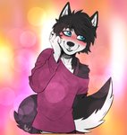 anthro black_body black_fur black_hair blush cross elbow_fur eyeshadow femboy fluffy fluffy_tail fur hair looking_away makeup male piercing smile solo tail white_body white_fur nelainel rivey_ravenheart canid canine canis domestic_dog husky mammal nordic_sled_dog spitz absurd_res hi_res