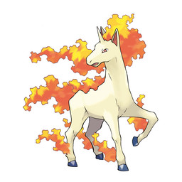 ambiguous_gender fire flaming_hair flaming_mane flaming_tail front_view hooves horn open_mouth pseudo_hair pseudo_mane red_eyes red_inner_ear simple_background solo tail tan_body tan_horn white_background ken_sugimori nintendo pokemon equid equine generation_1_pokemon mammal pokemon_(species) rapidash 1:1 official_art