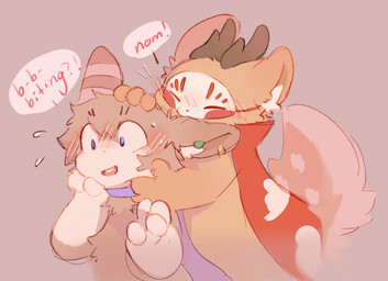 ambiguous_gender anthro bite blush brown_body brown_fur cloak clothing duo ear_bite ear_piercing fluffy fluffy_tail fur happy head_grab mask piercing surprised tail sabiksphinx asian_mythology fabulous_beasts fenz_(studio) mythology sibuxiang_the_deer_(fabulous_beasts) tuye_(fabulous_beasts) deer lagomorph leporid mammal moon_rabbit rabbit