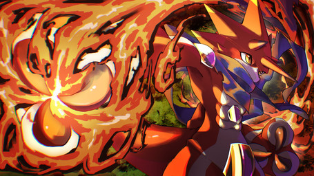 anthro blue_scarf claws codpiece countershading fire horn male red_body scarf solo tail white_body white_countershading yellow_eyes tartarte_tatin bandai_namco digimon betelgammamon digimon_(species) 16:9 absurd_res hi_res widescreen