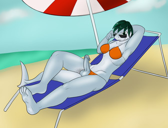 2014 anthro balls beach bikini blue_penis breasts dickgirl erection eyewear fish green_hair grey_skin hair humanoid_penis immelmann intersex lying marine on_back penis seaside shark sharktic solo sunglasses swimsuit
Rating: Explicit
Score: 10
User: Sharktic
Date: February 17, 2014