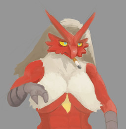 3_fingers anthro barely_visible_breasts beak blue_eyes breasts cigarette cigarette_in_mouth female fingers front_view frown grey_background grumpy object_in_mouth red_body red_skin simple_background solo under_boob yellow_sclera nobodyshouse nintendo pokemon avian blaziken generation_3_pokemon pokemon_(species) 2019 digital_drawing_(artwork) digital_media_(artwork) guide_lines half-length_portrait hi_res portrait