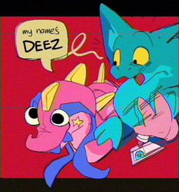 3_fingers anthro clothed clothing female fingers green_eyes motion_lines open_mouth puppet red_background simple_background snake_hood solo speech_bubble text yellow_sclera javanshir becky_(javanshir) gonzo_(javanshir) cobra reptile scalie snake 2026 english_text letterbox