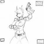 anthro armor bangs belt belt_buckle buckle clothing eyebrows fingernails gauntlets gloves gun handgun handwear insignia mohawk nails navel padding pistol pouches pupils raised_hand ranged_weapon simple_background solo spread_legs spreading thumb_nail utility_belt weapon white_background harpseal nyline_rebod canid canine canis dobermann domestic_dog mammal pinscher 2017 absurd_res hi_res monochrome